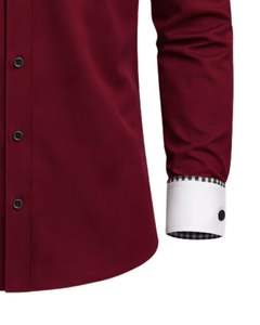 Chemise habillée rouge ajustée sur mesure pour homme, manches longues, boutonnée, col et poignets contrastants, formelle et décontractée, pour le bureau, en mélange de coton, OEM - Product Image 3