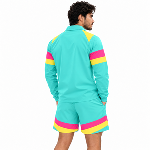 Men's Retro Color Block Windbreaker Zipper <b>Jacket</b> and Shorts Windbreaker Panel Lined Two Piece Turquoise Nylon <b>Track</b> Hoodies USA - Product Image 2