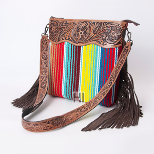 Rainbow aztec Saddle blanket กระเป๋าหนังแท้แบบตะวันตก Crossbody พร้อมสายเครื่องมือและพู่ - Product Image 2