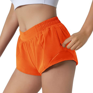 Shorts Deportivos Naranja para Mujer, Cintura Alta, Poliéster, Bolsillo Lateral con Cremallera, Cordón Ajustable Oculto, Transpirables, para Yoga - Product Image 2