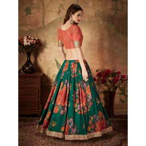 Mariage Lehenga Choli en soie organza à imprimé floral vert foncé rafraîchissant avec chemisier orange - Product Image 4