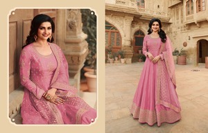 Traje Anarkali Moderno de Seda Rosa Bordado, Semi-Confeccionado, Colección India/Pakistaní para Fiestas, Salwar Kameez Largo Hasta el Suelo - Product Image 6