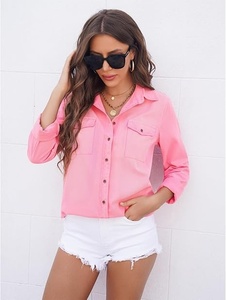Camisa de algodón rosa para mujer, con botones, manga tres cuartos, color sólido, cuello vuelto, con bolsillos, corte regular, top de verano - Product Image 3