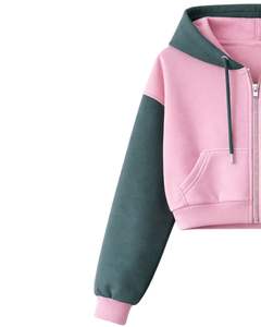 Conjunto de dos piezas casual para mujer, personalizado, con sudadera corta con cremallera y bloques de color rosa y verde oscuro, y pantalones cortos con bolsillos tipo cargo, al por mayor. - Product Image 5
