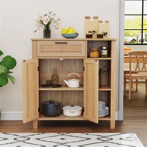Credenza per Sala da Pranzo in Rattan Naturale con Cassetto Estraibile e 3 Ripiani Aperti Regolabili, Mobile con 3 Posizioni di Ripiano - Product Image 6