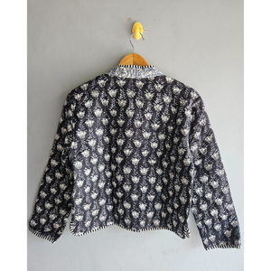 เสื้อแจ็คเก็ตผ้าฝ้ายแบบกลับด้านได้ ลายพิมพ์บล็อกทำมือ ลายดอกไม้ เสื้อโค้ทผู้หญิง สำหรับฤดูใบไม้ร่วงและฤดูหนาว ของขวัญสำหรับเธอ - Product Image 6