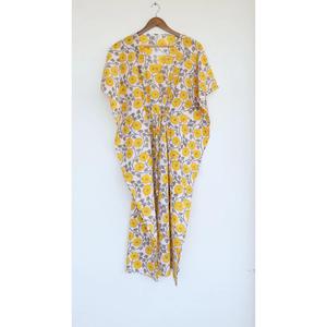 Women's Yellow Floral Hand Block Print V-Neck White <b>Kaftan</b> Long Dress Loose Fit Cotton Bohemian <b>Summer</b> Dress - Product Image 1