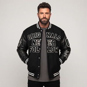 Men Leather Sleeve Patches Embroidery Front Varsity Jacket Men Crew Neck Button <b>Up</b> Varsity Jackets Men's - Product Image 5