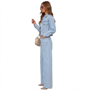 Ensemble coordonné en jean léger pour femme, haut court à manches longues bouffantes, pantalon large décontracté coupe ample, délavage foncé, couleur unie, style vintage - Product Image 3