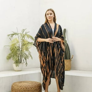 Handmade Boho Style Tie <b>Dye</b> Silk Kimono Maxi Dress Floral Long Sleeves Floor-Length Wrap for Summer Vacation Beach Cover Dress - Product Image 1