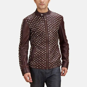 New Classic Men <b>Rhinestone</b> Winter Leather <b>Jacket</b> Biker Motorcycle Stand Collar Full Zip Daily Wear Fashion Outerwear - Product Image 1