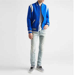 Chaqueta Varsity Azul para Hombre, Estilo Preppy, Mezcla de Lana y Poliéster, Cuello Camisero, Corte Regular, Color Sólido, Cierre de Botones, Ropa de Otoño - Product Image 3