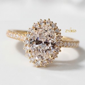 Fine Jewelry Lab Grown Oval Cut Diamond Engagement Ring Pave Trendy Gold 14K/18K VS Bridal Wedding Anniversary Party Proposal - Product Image 3