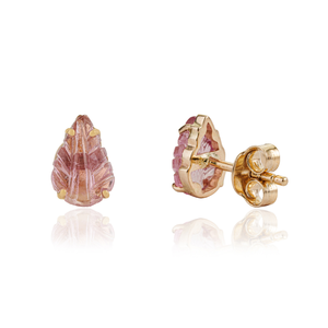 Boucles d'oreilles simples en forme de feuille de tourmaline rose, sculptées à la main, en or jaune véritable K14, pour femmes, bijoux à porter au quotidien - Product Image 5