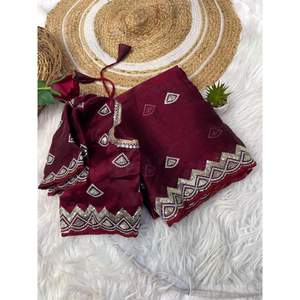 ผ้าส่าหรีไหมปักลายสวยงาม พร้อมเสื้อปักสำเร็จรูป สีมารูน - Product Image 1