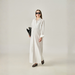 Robe longue en coton et polyester pour femme, col rabattu, boutonnée sur le devant, coupe ample et décontractée, manches classiques, style minimaliste respirant - Product Image 1