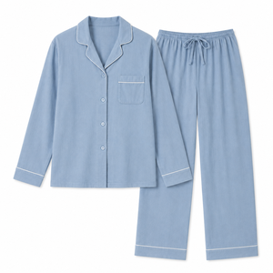 Conjunto de Pijama para Mujer, Tejido de Algodón Ecológico, Transpirable, Cuello en V, Cierre de Botones, Mangas Largas, Cintura Elástica - Product Image 4