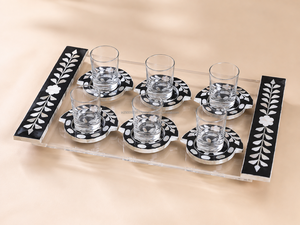 Ensemble de 7 plateaux de service en acrylique et en céramique au design traditionnel avec 6 sous-verres décoratifs |   Ensemble de service de boissons de thé premium pour le Ramadan - Product Image 2