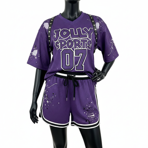 Ensemble short en jersey mesh pour femme, tissu mesh sportif en polyester de haute qualité, panneau latéral violet, logo personnalisé, ensembles pour femme 100% coton - Product Image 1