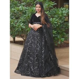 Impresionante vestido de noche de organza bordado negro ropa de fiesta Lehenga Choli - Product Image 6