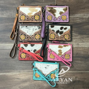 New Design Tooled Cowhide Purple Floral Leather Mini <b>Wallet</b> <b>Card</b> Holder Vintage Style Cute <b>Card</b> & Coin Holder <b>Women</b> Clutches - Product Image 1