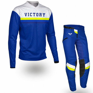 Ceci est un ensemble d'équipement de trial bleu de la collection Victory Racing, comprenant un maillot de performance et un pantalon assorti, conçu pour le motocross. - Product Image 3