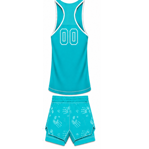 Turquoise White <b>Swim</b> Set Sleeveless Racerback Tank <b>Top</b> with Matching Shorts Lightweight Quick Dry Training Performance Swimwear - Product Image 2