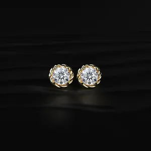 Round Cut Diamond Stud Earrings with Twisted Rope <b>Frame</b> Yellow Gold Diamond Earrings Special Design for Mother's Day for Export - Product Image 1