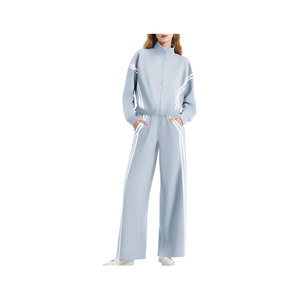 Conjunto de 2 piezas para mujer: Sudadera con cremallera y pantalones de chándal de pierna ancha con rayas en contraste, ideal para viajar - Product Image 1