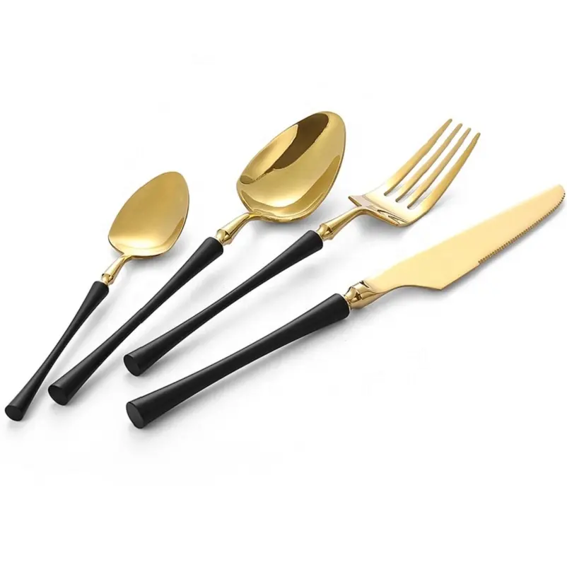 Talheres de cozinha dourados, talheres de metal de cozinha inclui facas garfos mesa colheres e colheres de chá para casas hotéis e restaurantes