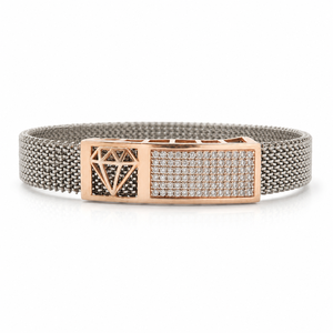 925 Sterling Silver Rose Gold Solid Gold Accent Cubic Zirconia Bracelet High Polish Diamond Motif Mesh Link <b>Mens</b> Unisex <b>for</b> Wedd - Product Image 1
