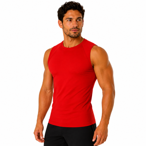 Custom Brand Men's <b>Red</b> Sleeveless O-Neck Tank <b>Top</b> Solid Breathable Sporty Fitness Gym Wear 100% Polyester Knitted 100g Front - Product Image 3