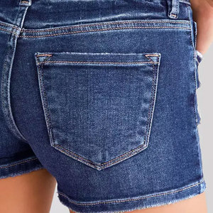 Shorts en jean taille haute déchirés pour femme, fermeture boutonnée, motif uni, tenue décontractée, 100 % coton respirant, coupe classique - Product Image 5