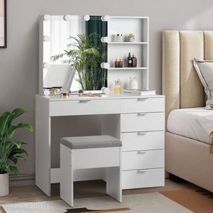 Set Moderno di Toeletta in Legno con 2 Ripiani, 6 Pomelli, 3 Lampadine a Tono Variabile, Finitura in Impiallacciatura Triamine - Bianco - Product Image 5