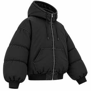 Blouson d'hiver matelassé personnalisé pour femme en polaire épaisse délavée à l'acide, avec capuche zippée, épaules tombantes, couleur unie et logo frontal - Product Image 3