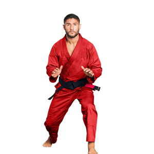 Traje de BJJ Lavado Más Vendido, Color Rojo, Ligero, Transpirable, de Algodón Perlado, Personalizable, Preencogido, con Aberturas Laterales y Cinturón Negro - Product Image 1
