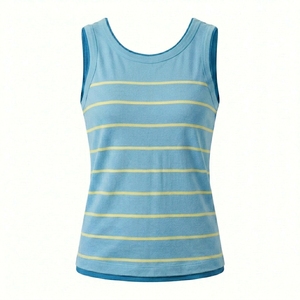 Camiseta sin mangas a rayas con logo personalizado estampado en relieve, transpirable, cuello redondo, tejida, informal, de verano, 100 gramos de poliéster para mujer - Product Image 1