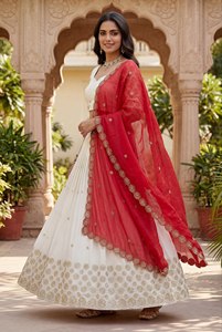 White Embroidered Lehenga Choli with Red <b>Net</b> <b>Dupatta</b> Women's Indian Pakistani Party Wedding Outfit - Product Image 5