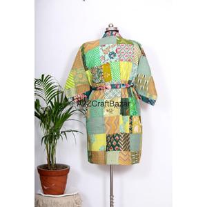 Robe longue indienne vintage faite à la main Kantha pour femme, col en V, à cordon de serrage, manches longues, 100 % coton, séchage rapide, douce et respirante, avec short - Product Image 6