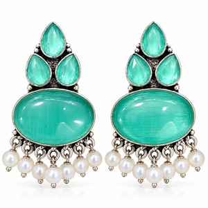 Boucles d'oreilles pendantes en argent oxydé avec pierres aqua-vertes et perles, style bohème ethnique indien, bijoux de déclaration, vente en gros - Product Image 1