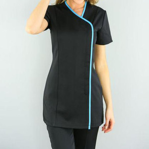 Unisex <b>Black</b> Short Sleeve Scrub Top with Blue Trim Breathable Cotton Spandex Uniform for Adults Custom Logo - Product Image 1