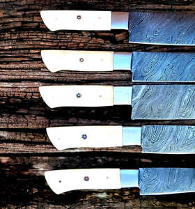 Ensemble de 5 couteaux de cuisine Damas à manche intégral, vente directe usine |   Couteaux de chef, Santoku, à trancher et multi-usages avec manche en os - Product Image 2