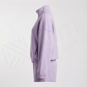 Conjunto de 2 piezas de pantalones cortos de lana para mujer, chaqueta con cremallera y cuello alto de color liso y pantalones cortos por encima de la rodilla, ropa deportiva informal de ajuste holgado - Product Image 3