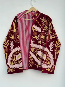 Luxury Burgundy <b>Velvet</b> Suzani <b>Jacket</b> with Tropical Floral Embroidery Full Sleeve Stand Collar Bohemian <b>Women's</b> Winter Coat - Product Image 2