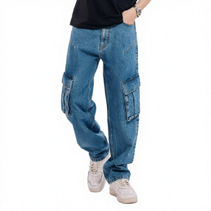 Vaqueros Cargo de Mezclilla Lavada para Hombre, Cintura Media, Estilo Y2K, Verano, Otoño, Invierno, Corte Holgado Casual, Estilo Bootcut, Hip Hop, Lavado Arena, Secado Rápido - Product Image 1