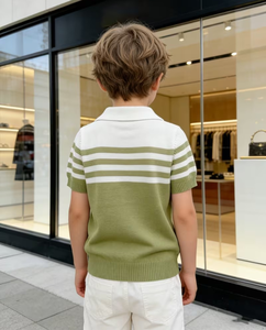 Green Striped Knitted Short Sleeve Polo Shirt Boys Casual Wear White Collar Eco-Friendly Breathable Compressed Polyester - Product Image 4