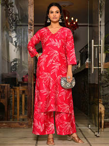 Salwar Kameez de Algodón con Estampado de Hojas Rojas para Mujer, Estilo Étnico para Fiesta, Secado Rápido, Corte Regular, Cuello en V, Manga Tres Cuartos, Largo hasta la Pantorrilla - Product Image 5