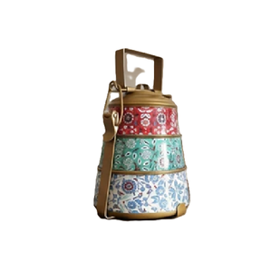 Green peach brass tiffin <b>box</b>, 2 tier hand painted floral lunch <b>box</b>, traditional flower conical food carrier, at wholesale prices - Product Image 4