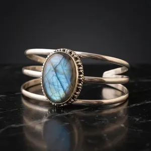 Pure 925 Sterling Silver Blue Fire Labradorite Cuff Bracelet Natural Gemstone Bezel Set Statement Jewelry For Women EverydayWear - Product Image 2