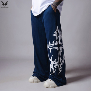 Pantalon de survêtement molletonné ample personnalisé avec logo, coupe décontractée, style streetwear, bleu marine, pour homme - Product Image 2